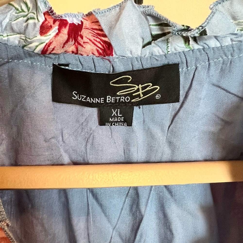 Blue Floral Ruffle Neck Surplice Dress by Suzanne Betro; size XL